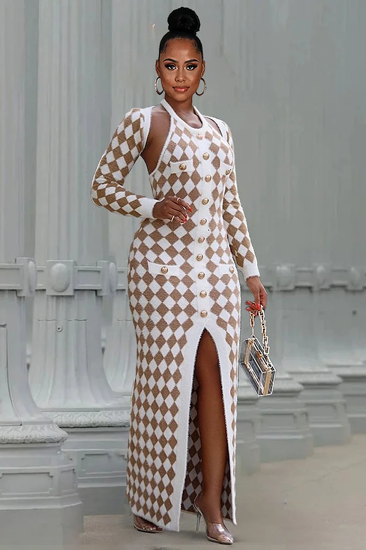 Knit Long Sleeve Crop Cardigan Checkered Halter Slit Maxi Dresses Matching Set [Pre Order]