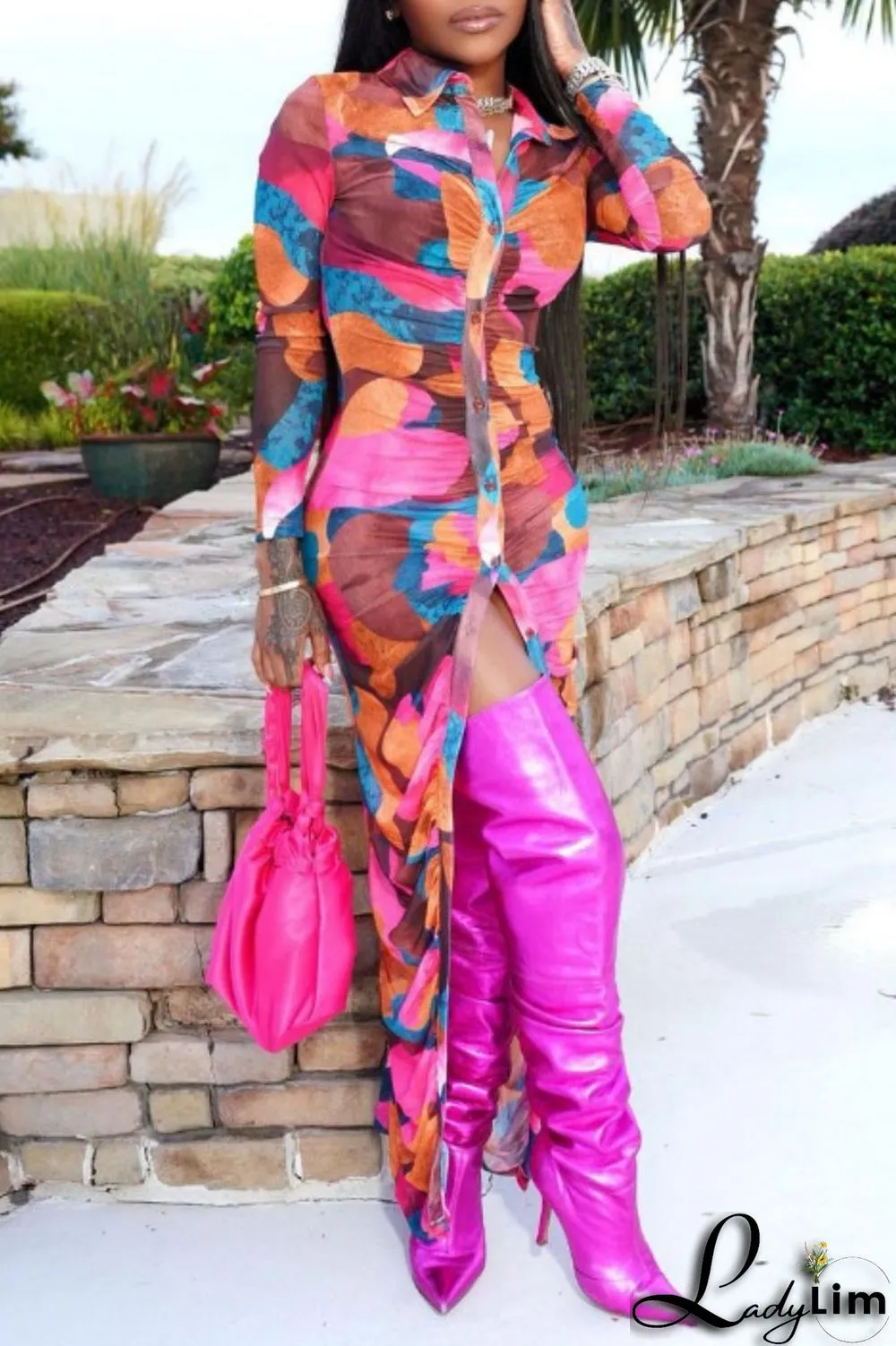 Multicolor Casual Print Fold Turndown Collar Shirt Dress Dresses
