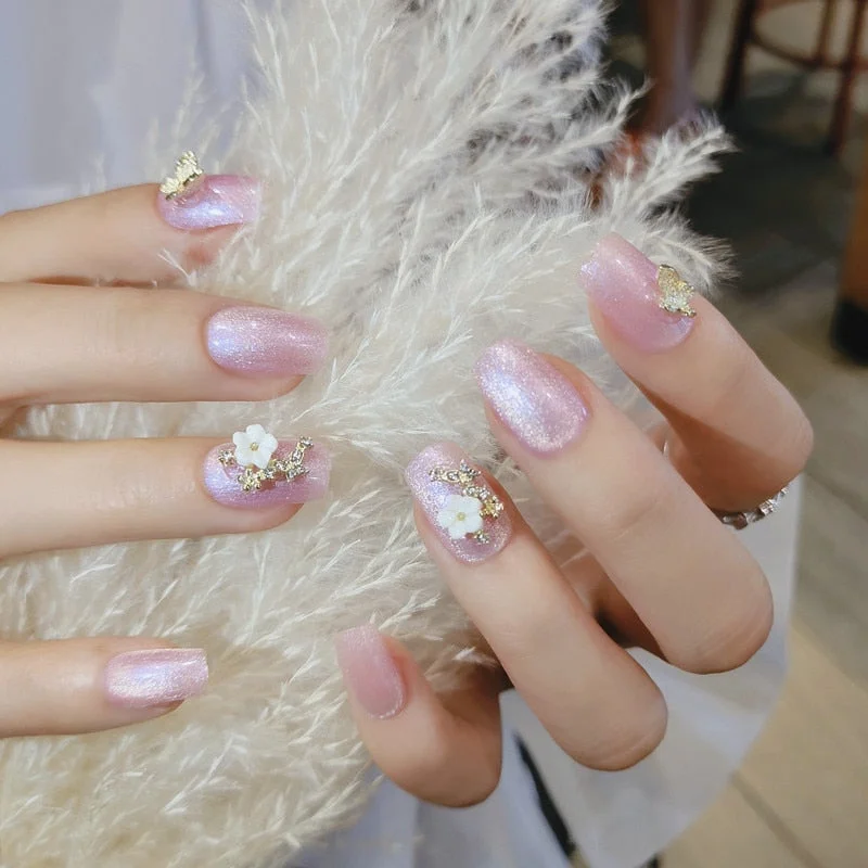 24pcs/box Cat Eye Phototherapy Nail Patch Wearable Fake Nail Short False Nail Wedding For Winter Autumn wearable full cover-Nail Inspo