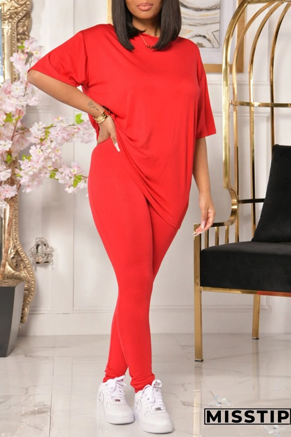 Red Casual Solid Basic O Neck Short Sleeve Two Pieces