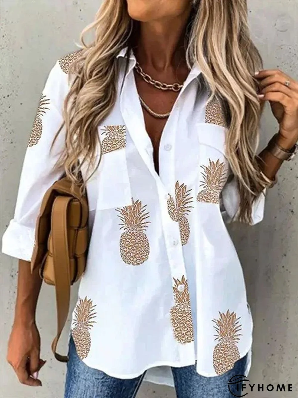 Casual Pineapple Shirt Collar Long Sleeve Blouse | IFYHOME