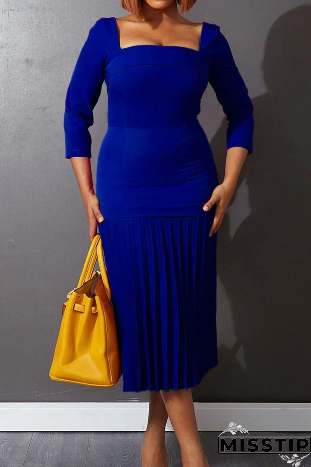 Blue Fashion Casual Solid Patchwork Square Collar Pleated Dresses