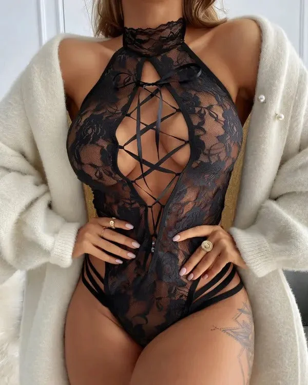Crochet Lace Sheer Mesh Lace-up Teddy