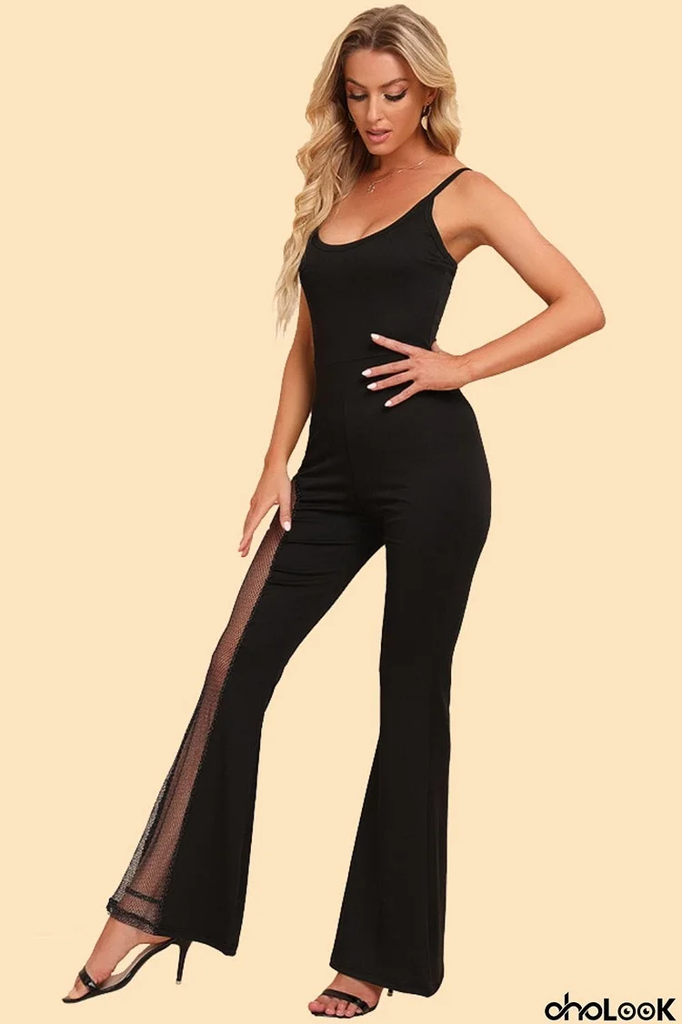 Spliced Mesh Spaghetti Strap Jumpsuit