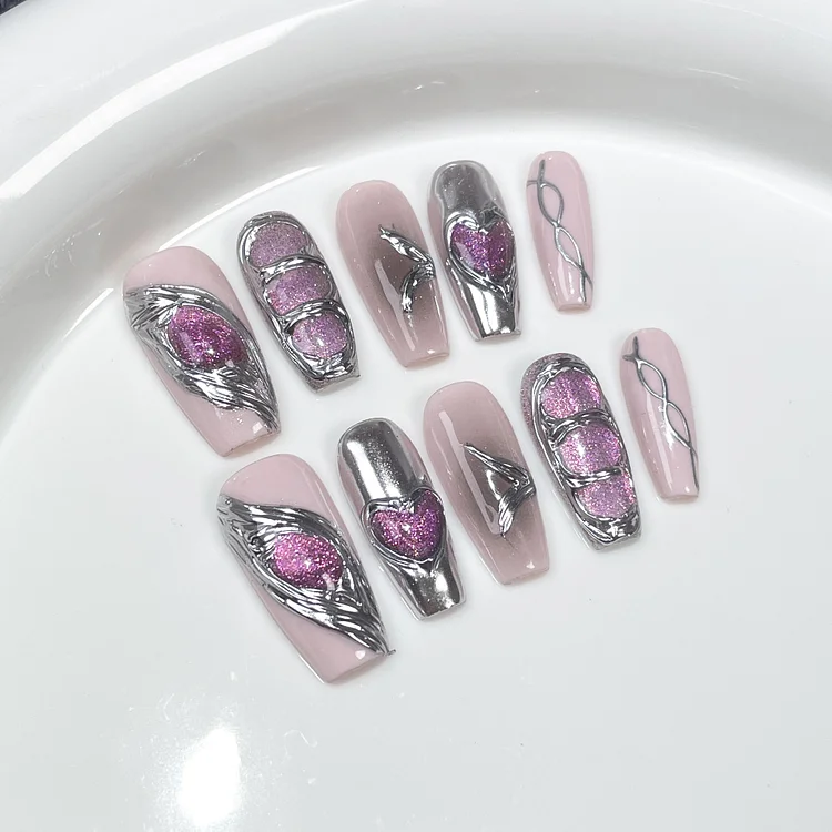 Metallic Airbrush Blush Cat Eye Manicure Wearable Nail Stickers Handmade Wearable Nails