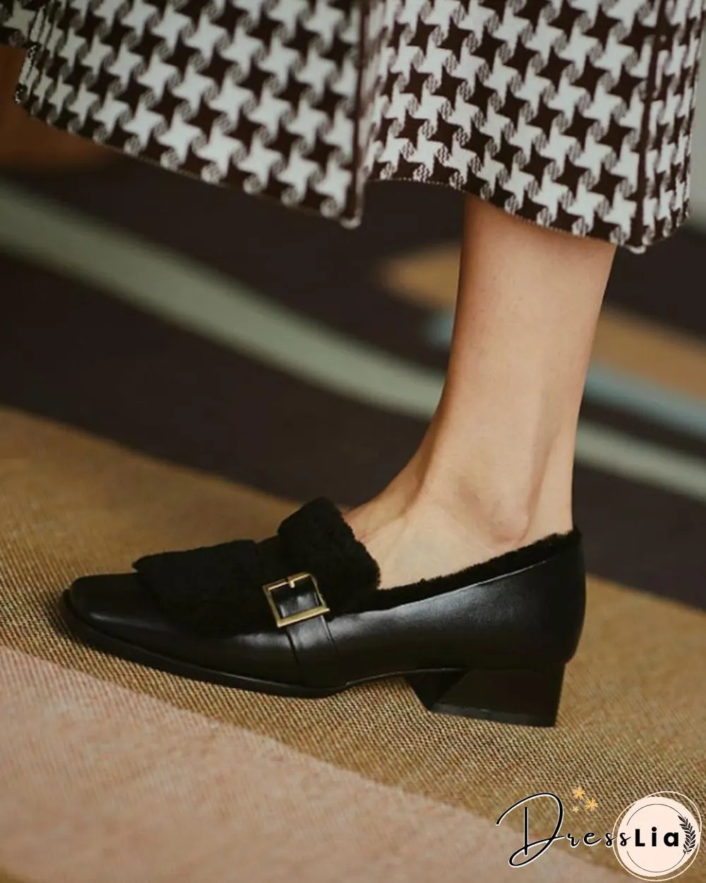 Solid One Buckle Fluffy Low Heel Loafers Slip-on