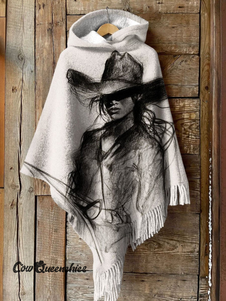 Women’s Vintage Wild West Cowgirl Art Print Casual Knitted Blanket Poncho Hood Cape Multicolor /