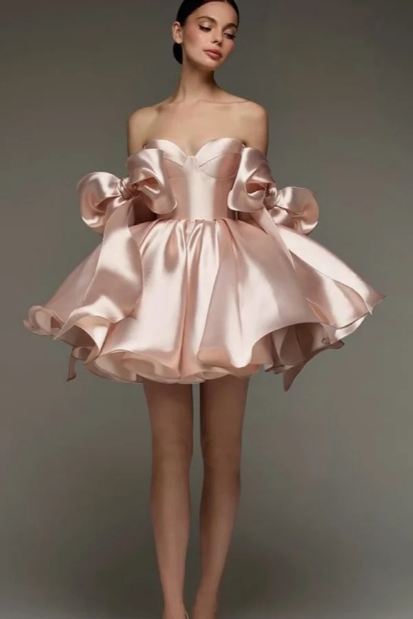 Satin Sweetheart Strapless Bow Sleeves High-Waisted Short Ball Gown Homecoming Dress With Pleated Wellcucu WQ0379