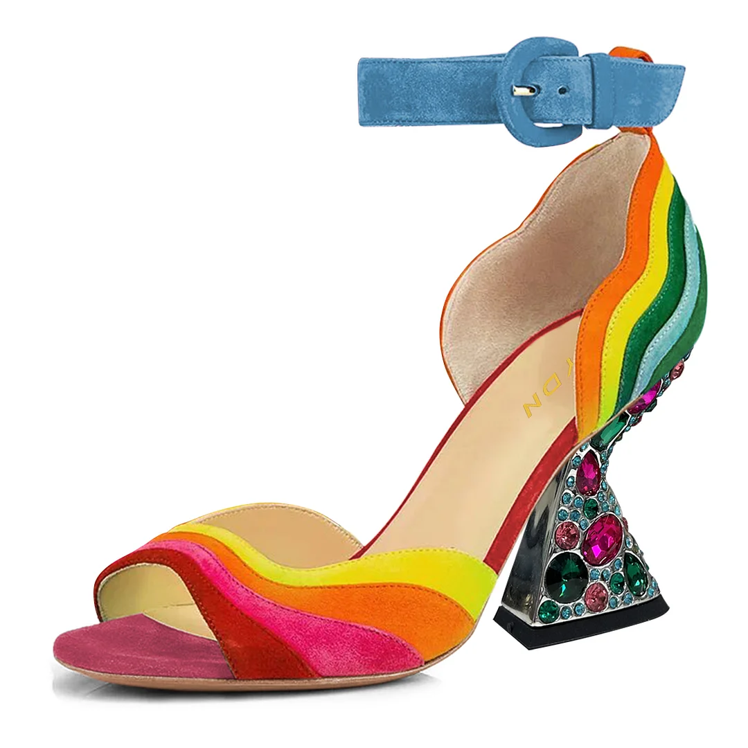 Eye-Catching Colorful Round Toe Buckle Ankle Strap Heel Sandals