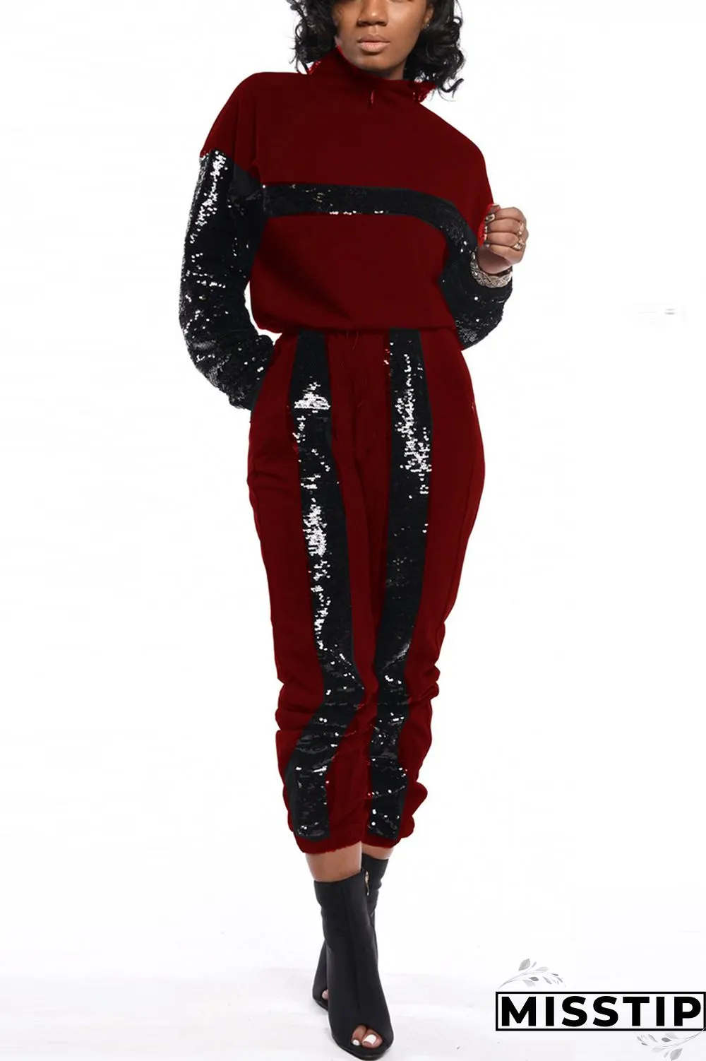 Wine Red Casual Fashion Color Matching Two-Piece Suit