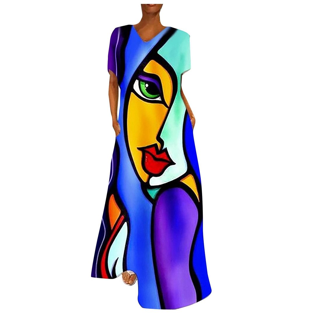 Abstract Print Long Dresses For Women Short Sleeve V-neck Loose Maxi Dresses For Women Sommerkleider Damen Plus Size Woman Dress