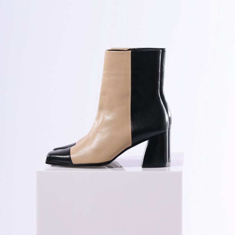 Beige & Black Closed Toe 3'' Chunky Heel Ankle Boots Nicepairs