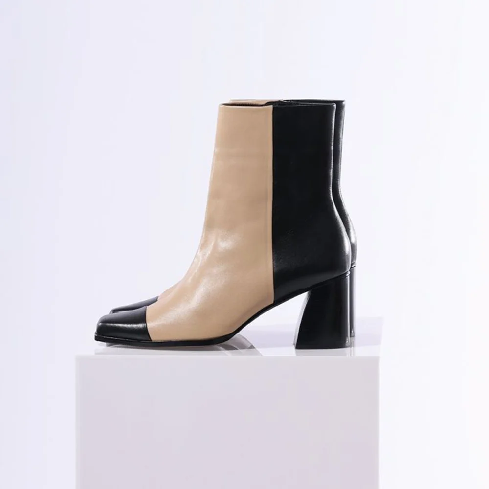 Beige & Black Closed Toe Ankle Boots With Chunky Heels Nicepairs