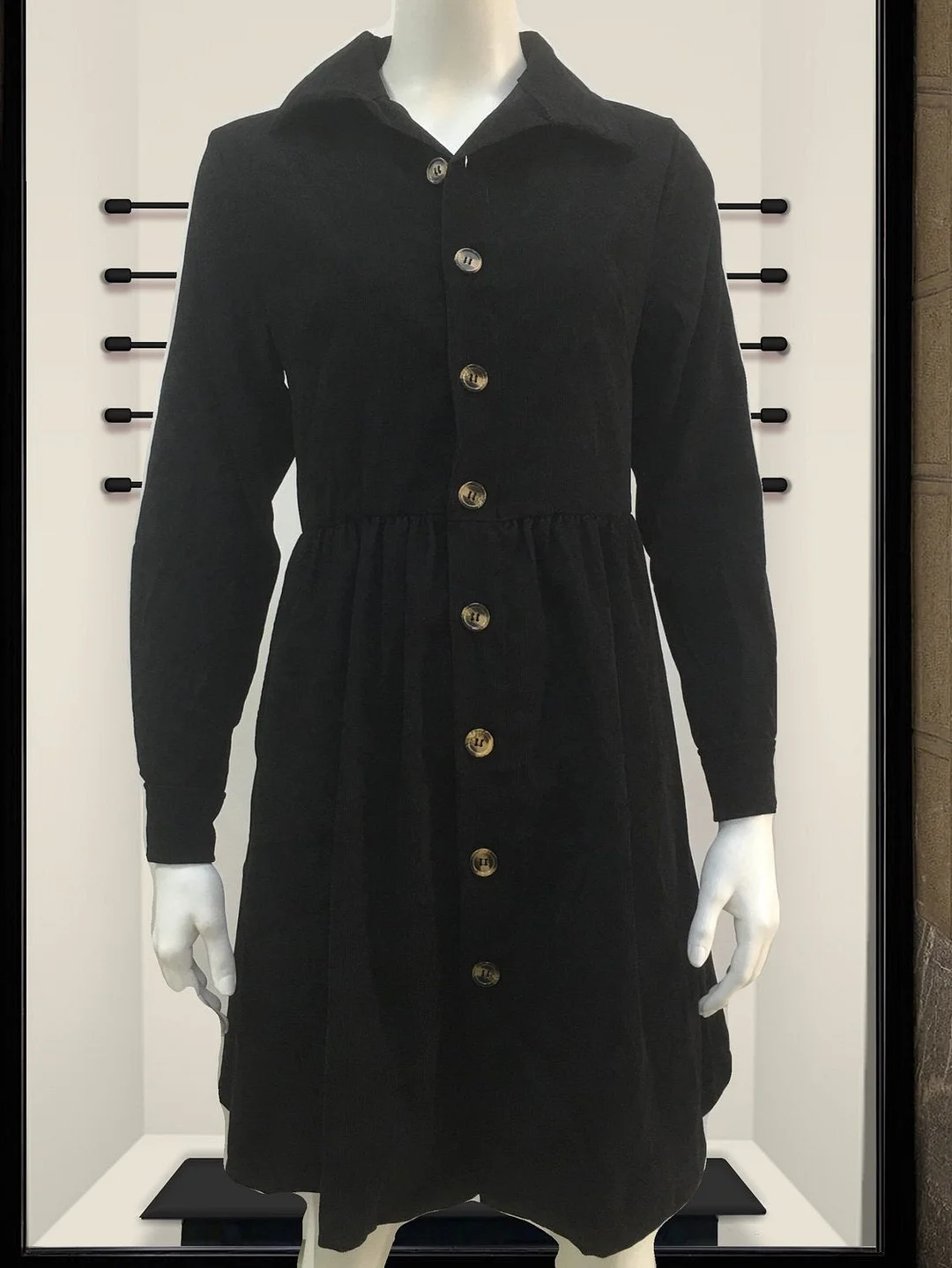Women Long Sleeve V-neck Button Midi Dress