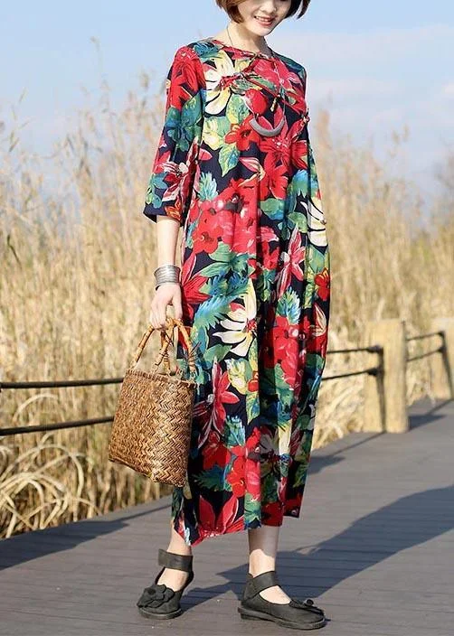 Classy O Neck Half Sleeve Summer Dress Pattern Navy Print Long Dress