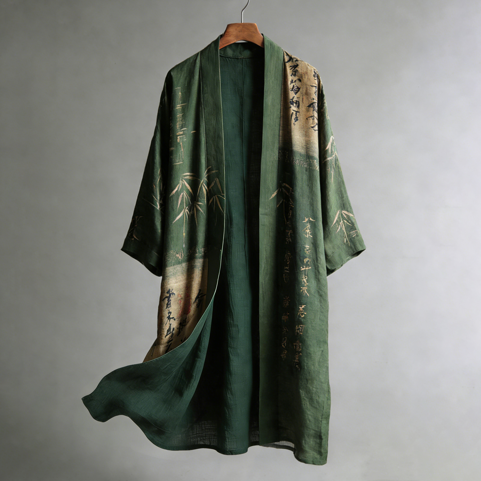Men's Retro Calligraphy And Bamboo Art Linen Long Kimono  artssus