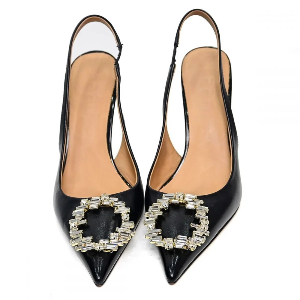 Black Slingback Heels 4 Inch Heels Pointy Toe Pumps Rhinestone Heels