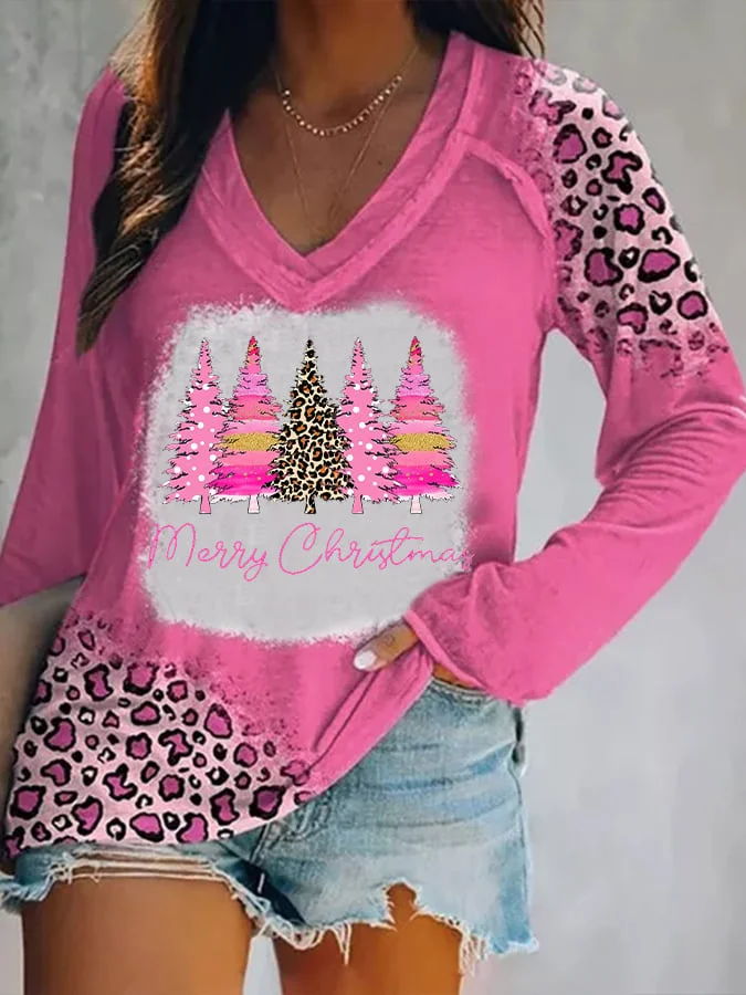 Women's Merry And Bright   Tree🎄 Print Casual Long-Sleeve T-Shirt