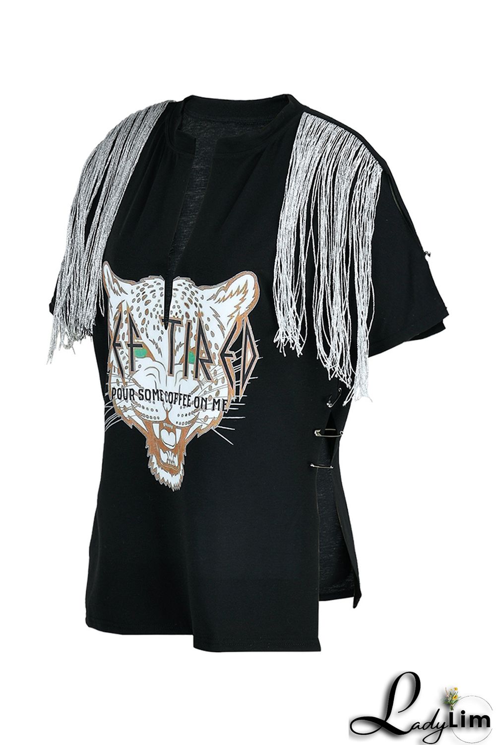 Coffee Fashion Casual Print Tassel Patchwork V Neck T-Shirts