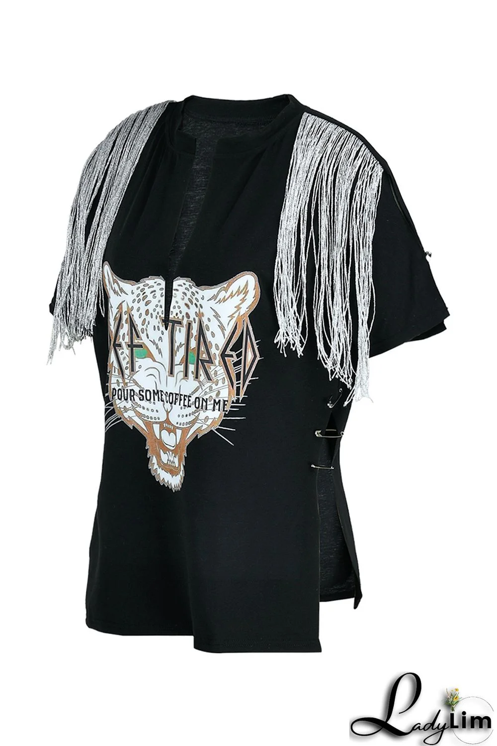 Coffee Fashion Casual Print Tassel Patchwork V Neck T-Shirts