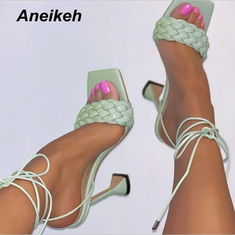Aneikeh Sexy PU Cross-Tied Sandales Summer 2021 NEW Peep Toe High Heel Solid Fashion Slip On Slides Ladies Gladiator Party Shoes