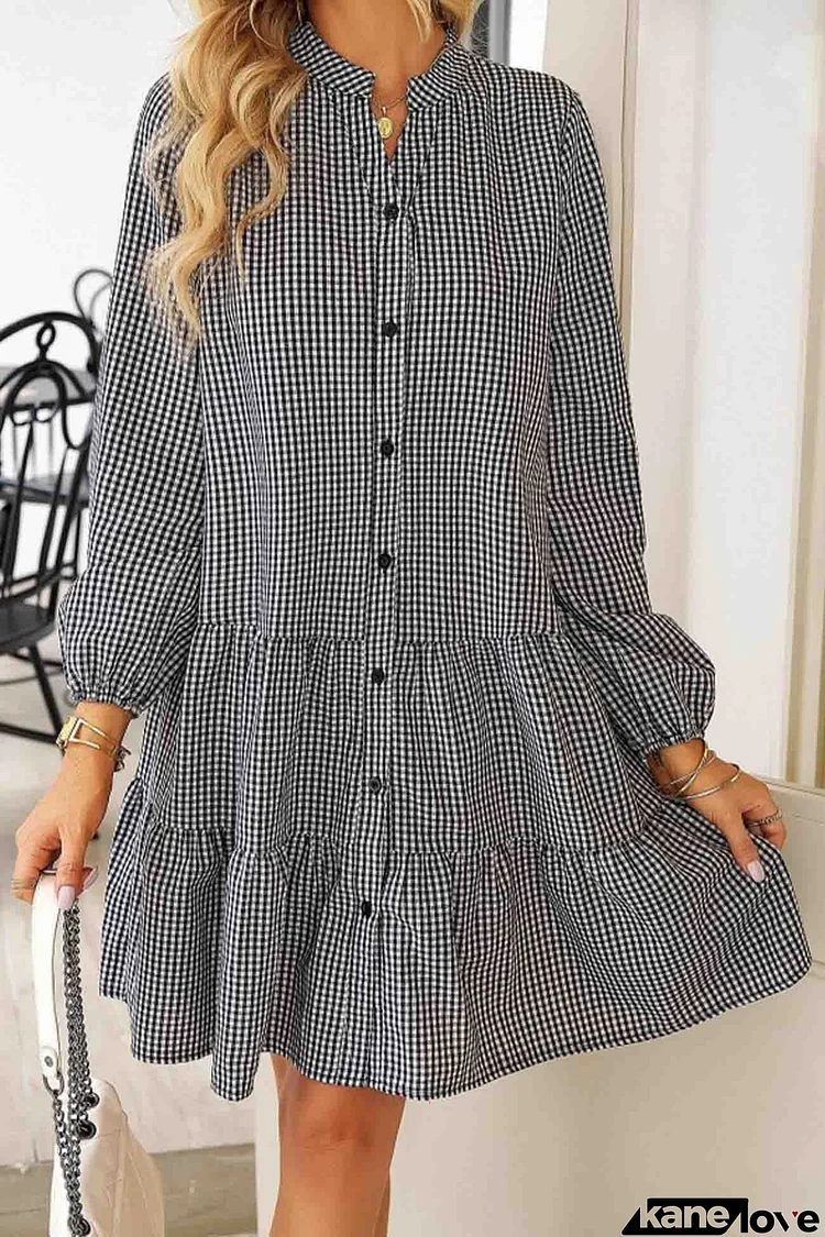 Plaid Button A-line Tiered Dress