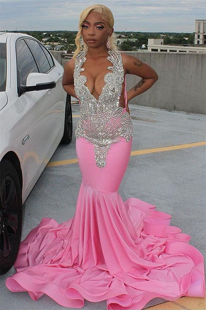 Bellasprom Pink Sleeveless V-Neck Mermaid Prom Dress With Beadings Online Bellasprom