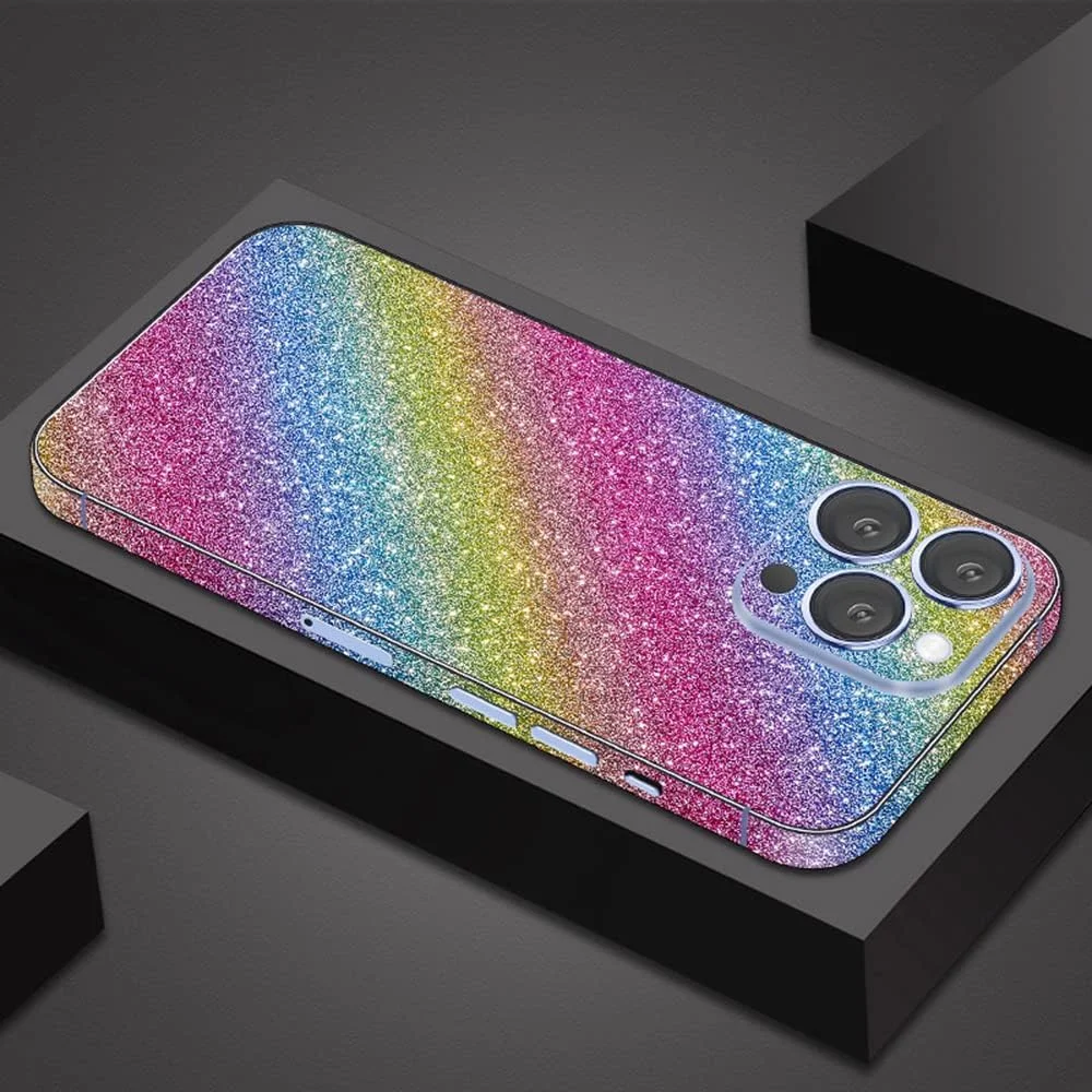 Compatible with iPhone 13 Pro Max Bling Glitter Sticker Skin Wraps Shiny Sparkle Cute for Women Girls Girly Luxury Sticker 2 Pack Rainbow