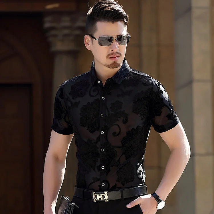 Transparent Shirt for Men Men's Short Sleeve Printed Shirt Printed Hollow Slim Shirt