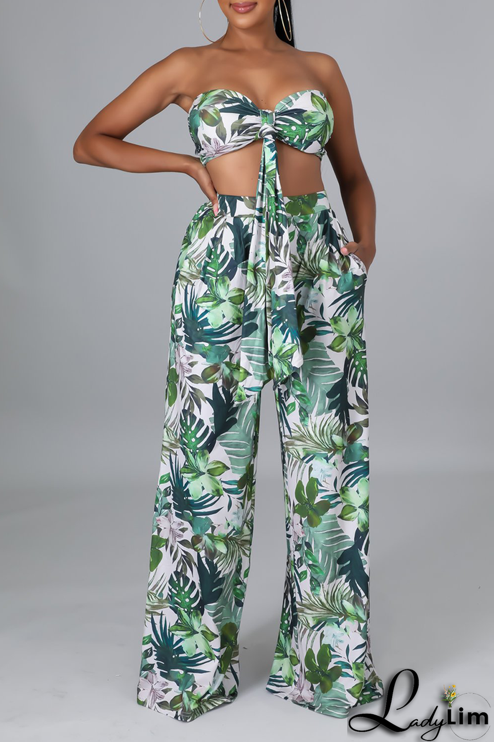 Green Vacation Print Bandage Strapless Sleeveless Two Pieces