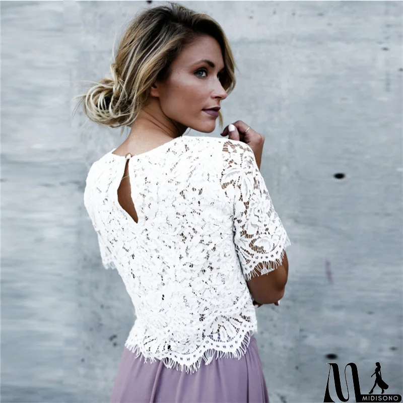 MidiSono - Women'S Solid Color Round Neck Lace T-Shirt