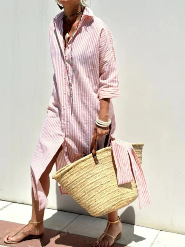 Casual Striped Split Shirt Dress