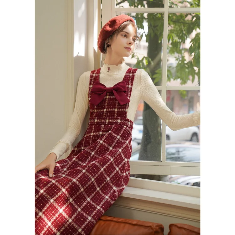 Fairy Tales Aesthetic Vintage Plaid Fleece Dress With A Bow QueenFunky