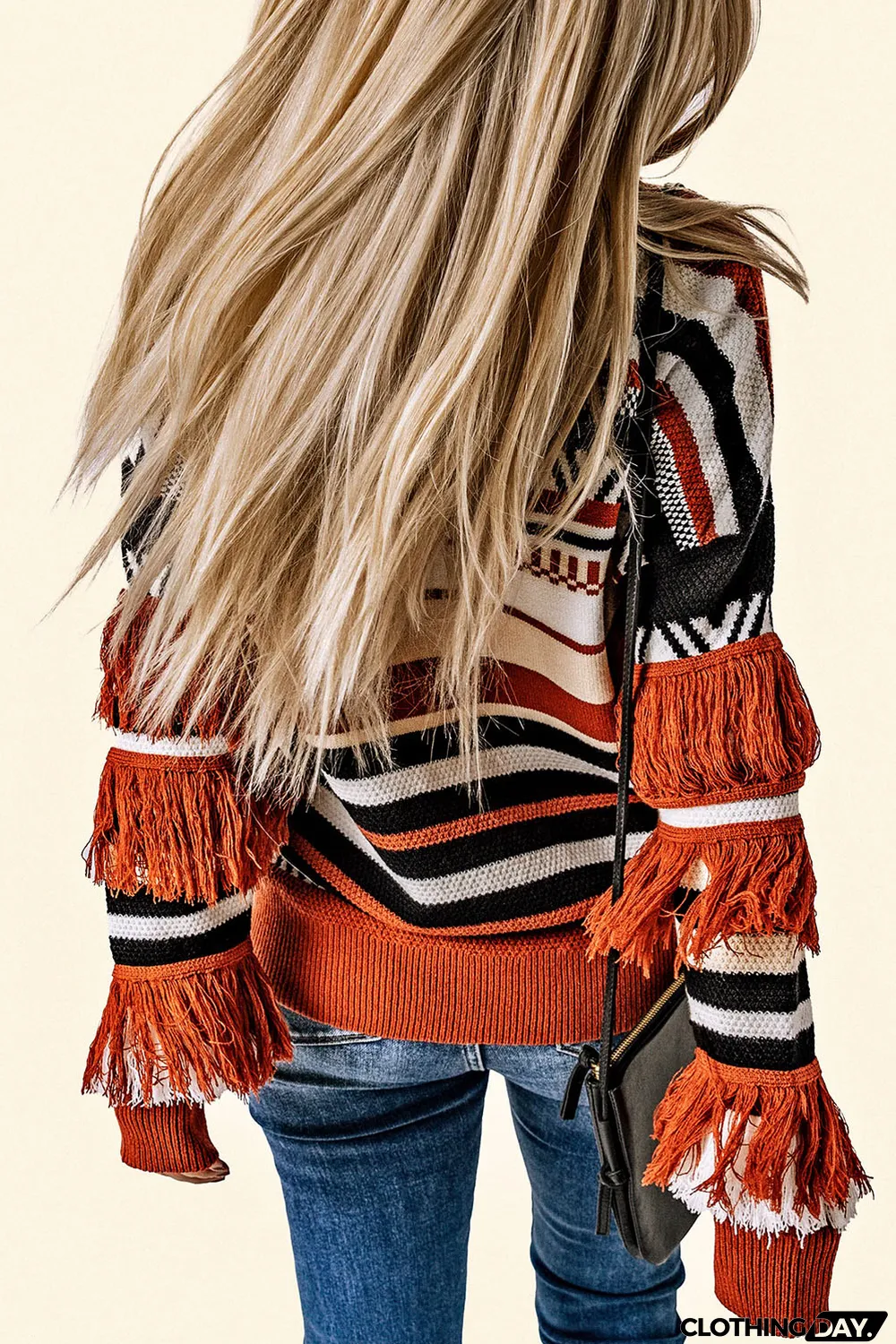 Multicolor Round Neck Striped Sweater with Fringe