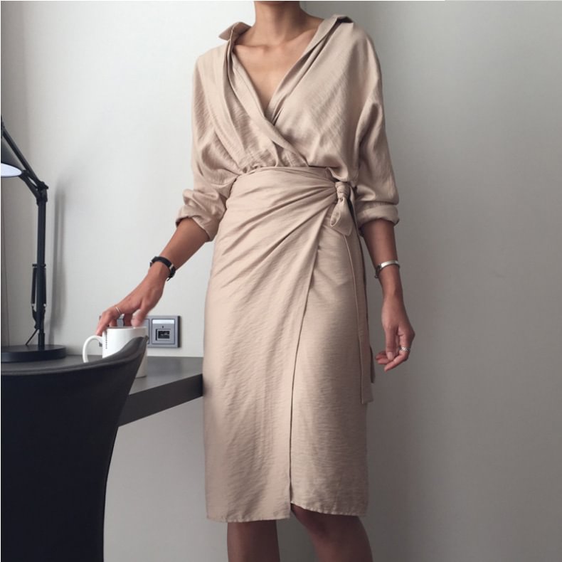 Irregular V-neck Long-sleeved Solid Color Dress Midi Dress For Women MusePointer