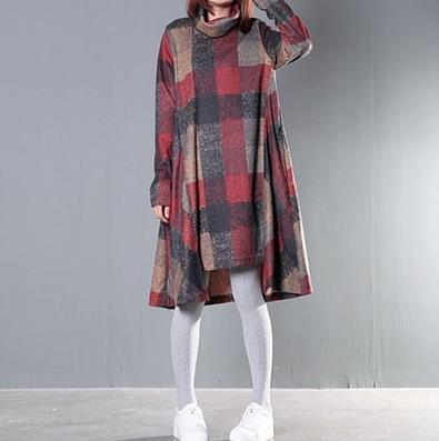 Women Plaid Dress Plus Size Women Clothing Spring Autumn Turtleneck Literary Vintage Asymmetric Mori Girl Long Sleeve Dress