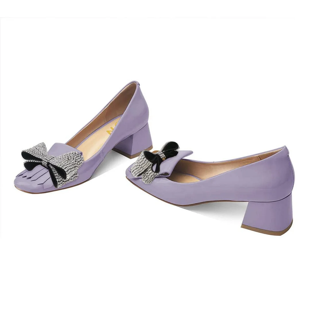 Lavender Square Toe Fringe Block Heel Pumps with Rhinestone Bow