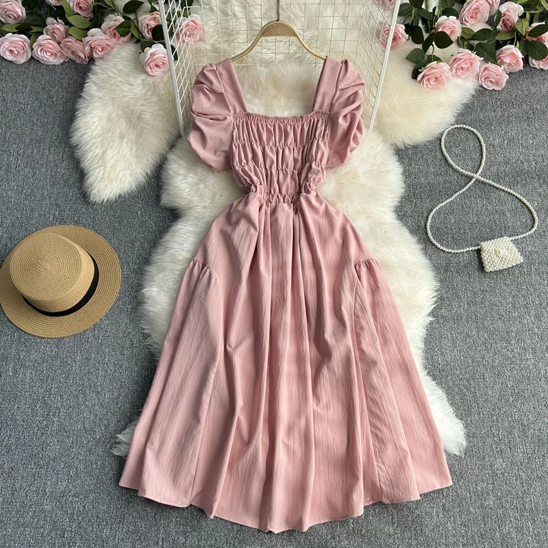 Zingj Zingj Vacation Wind French Retro Square Collar Waist Dress Female Summer Design Sense Bubble Short Sleeve Fairy Skirt
