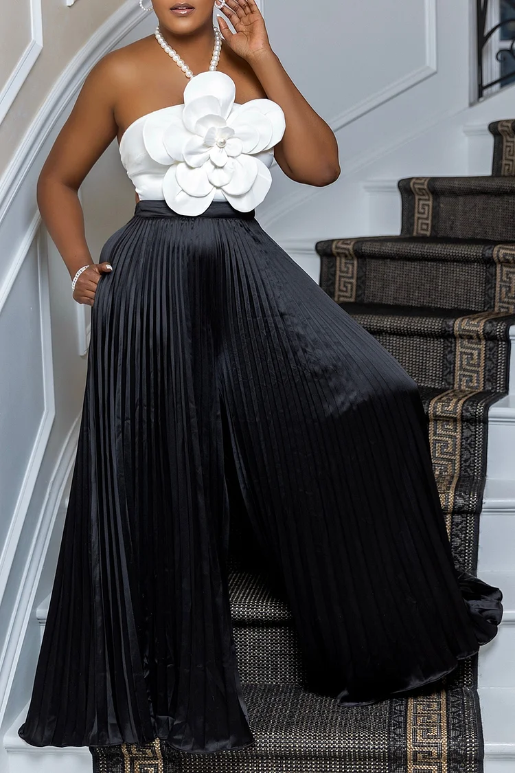 Plus Size Vacation White Halter Collar Pleated 3D Two Piece Pant Suits [Pre-Order] 2024 - Xpluswear