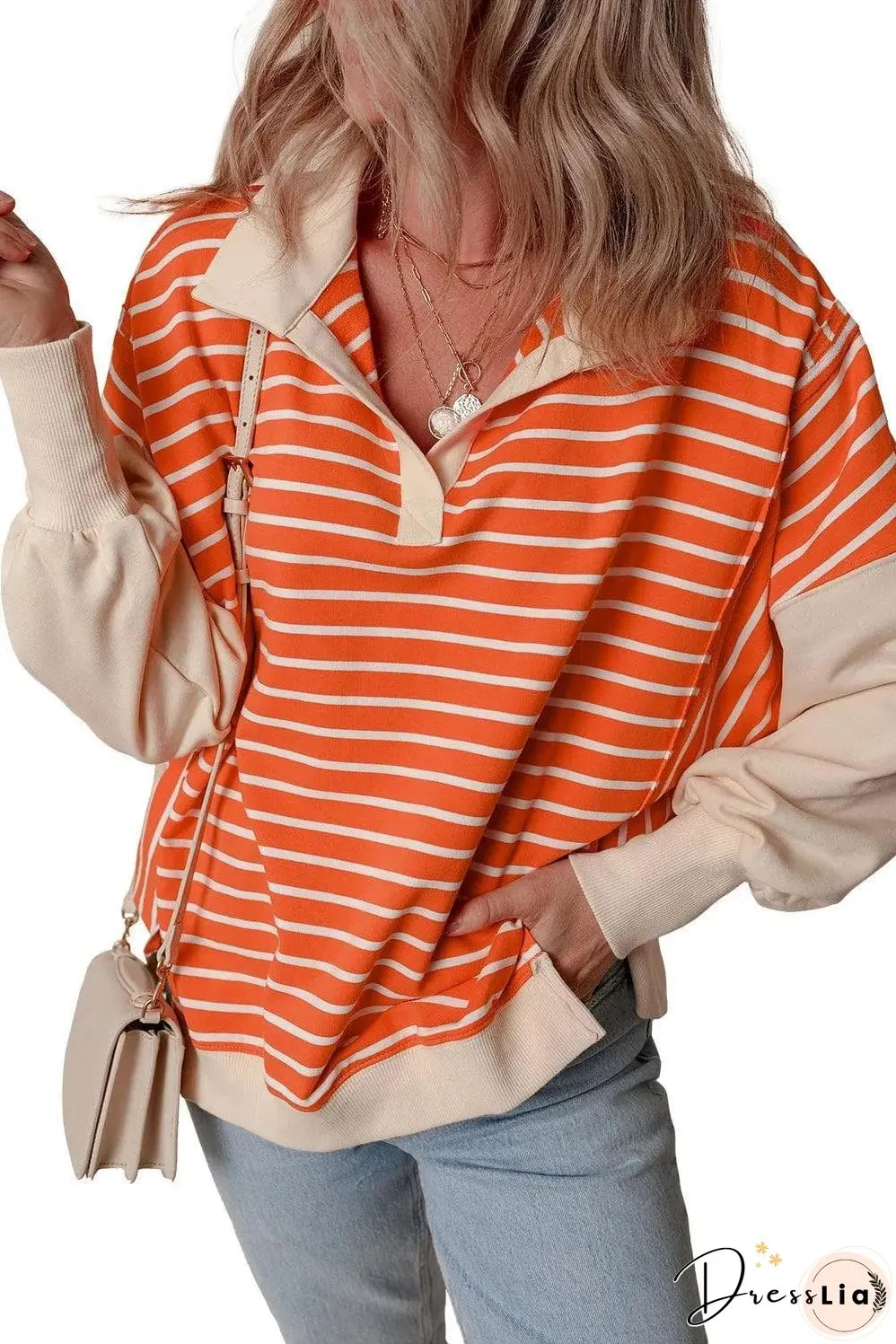 Orange Stripe Color Block Loose Fit Collared Drop Shoulder Sweatshirt