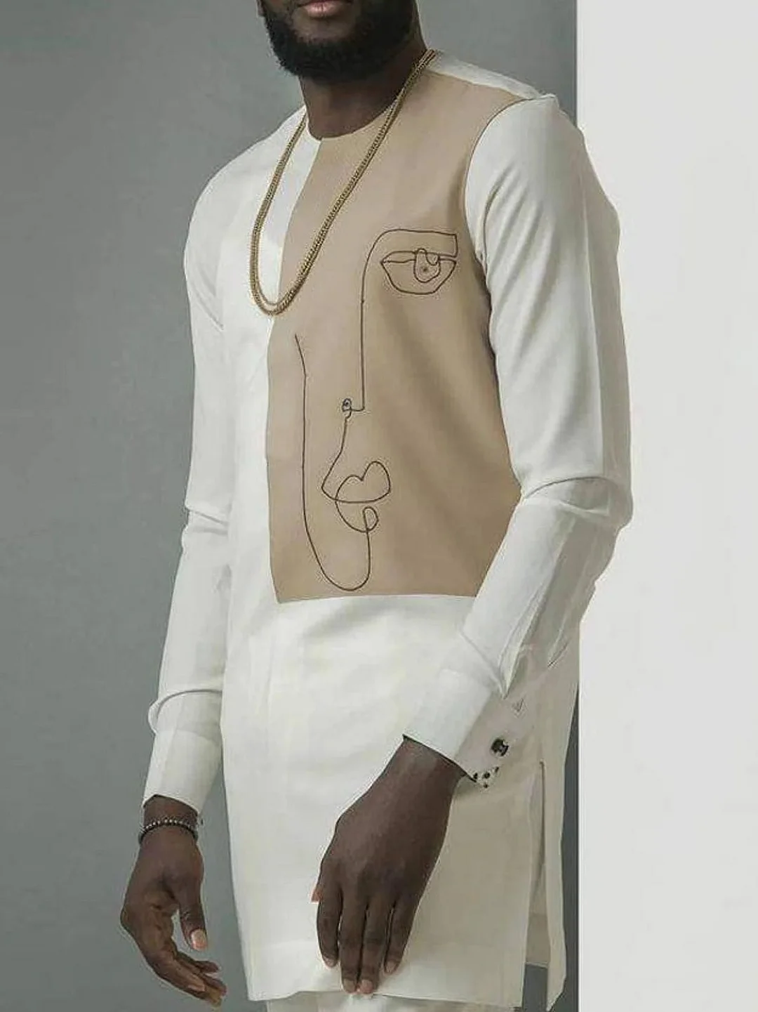 Men's casual white printed long-sleeve top