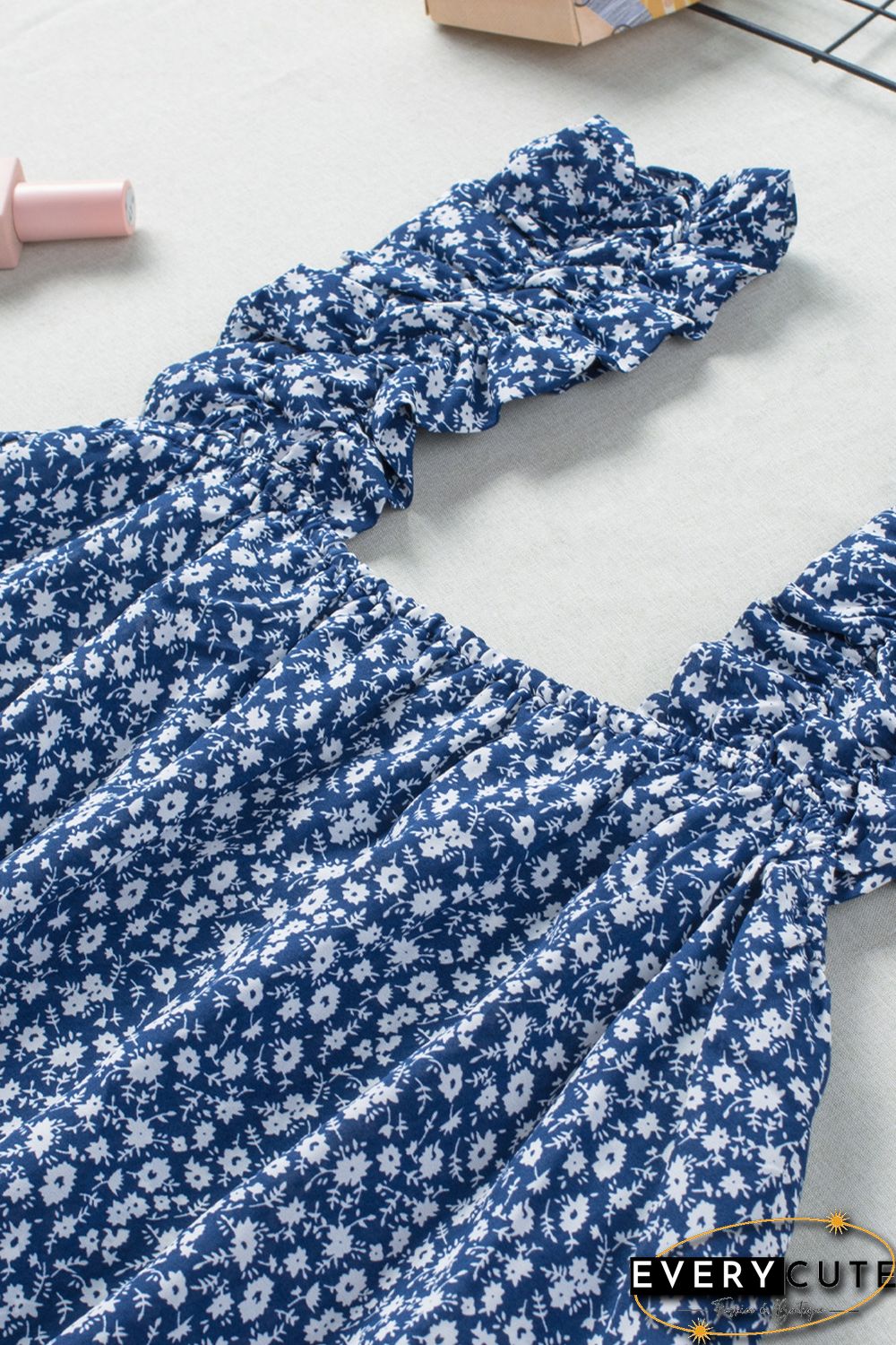 Sky Blue Floral Ruffled Straps Flowy Tank Top