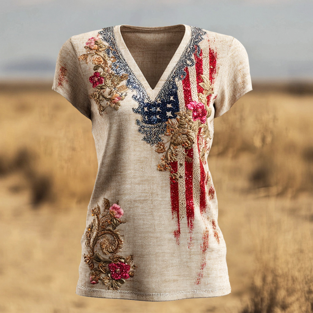 Comstylish Independence Day Boho Floral Sequin Embroidered Women's Linen V-neck T-shirt
