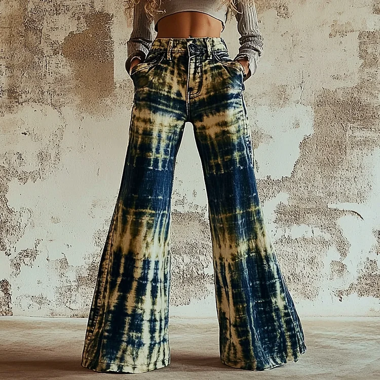 Vintage 90s Tie-dye Chain-decorated Denim Print Wide-leg Flared Trousers Casual Pants