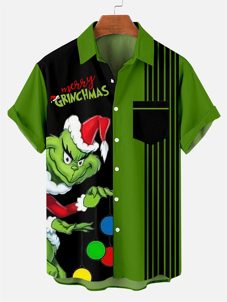 Men's Classic Christmas Green Monster First Gift Print Short Sleeve Shirt PLUSCLOTHESMAN