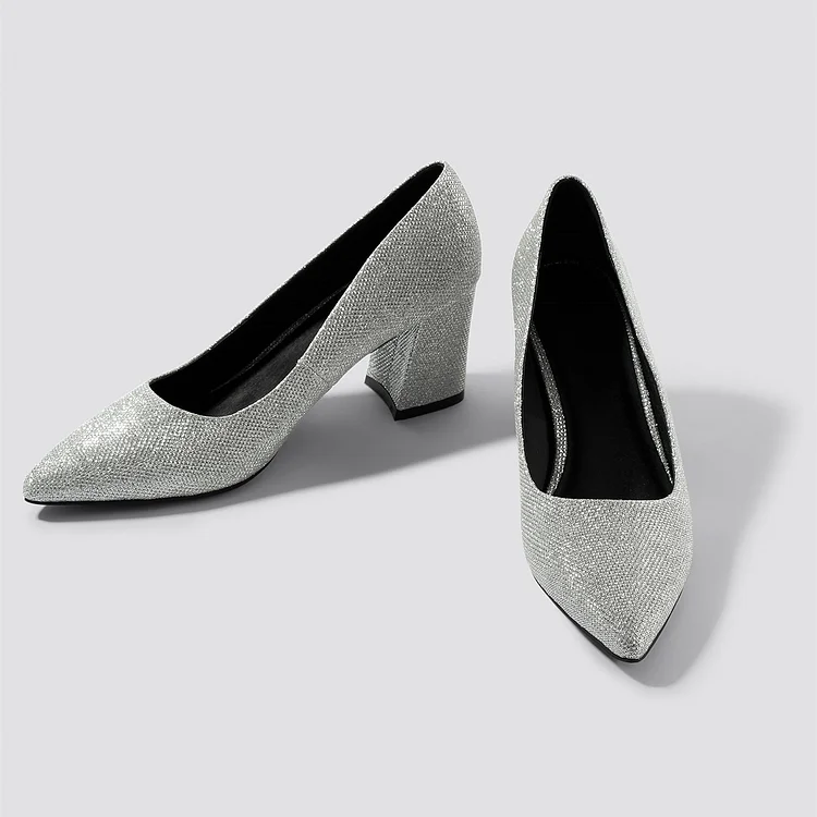 Silver Glitter Shoes Block Heel Pumps |FSJ Shoes
