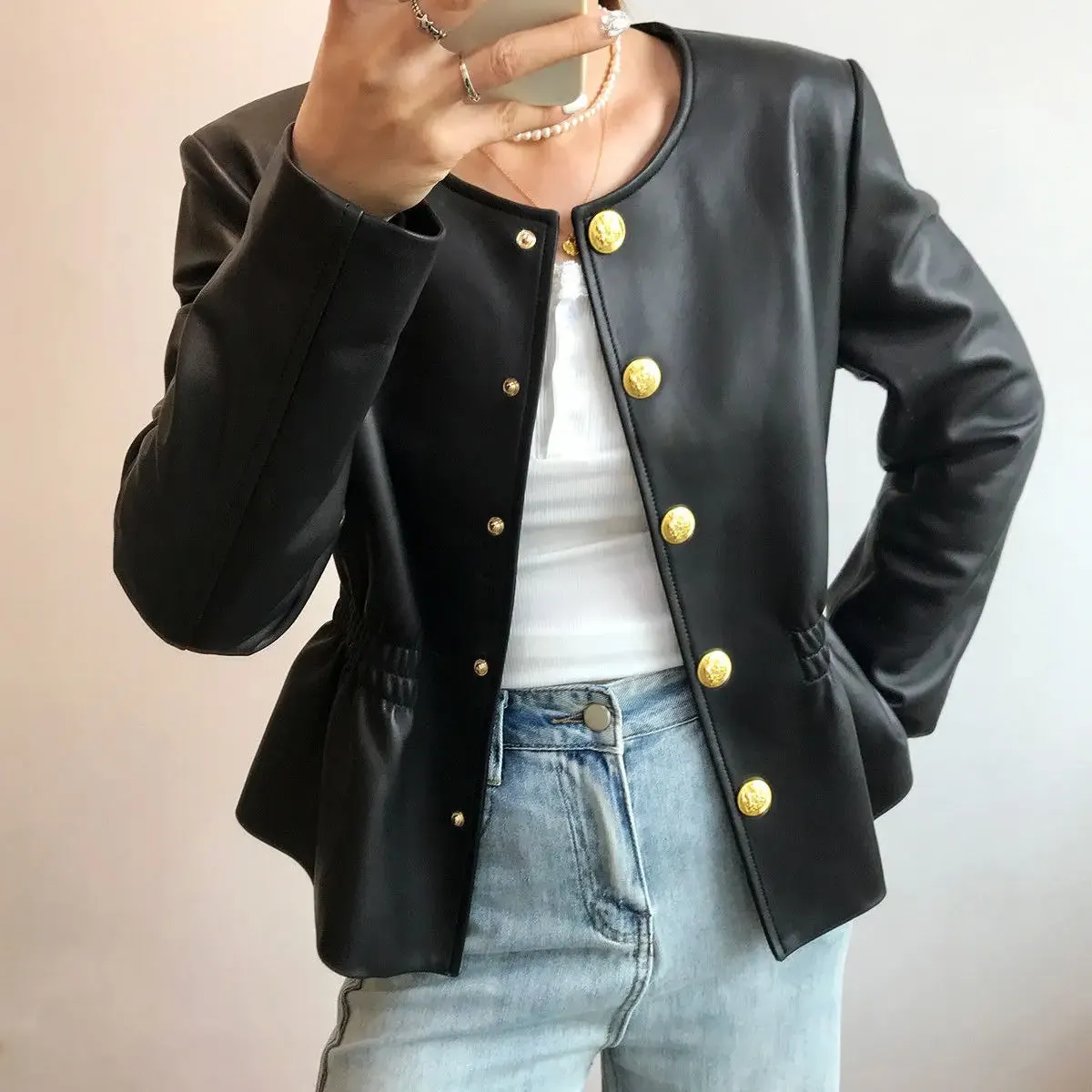 Women's Leather Jacket with Gold Buttons &ndash; Structured Collar &ndash; view 2