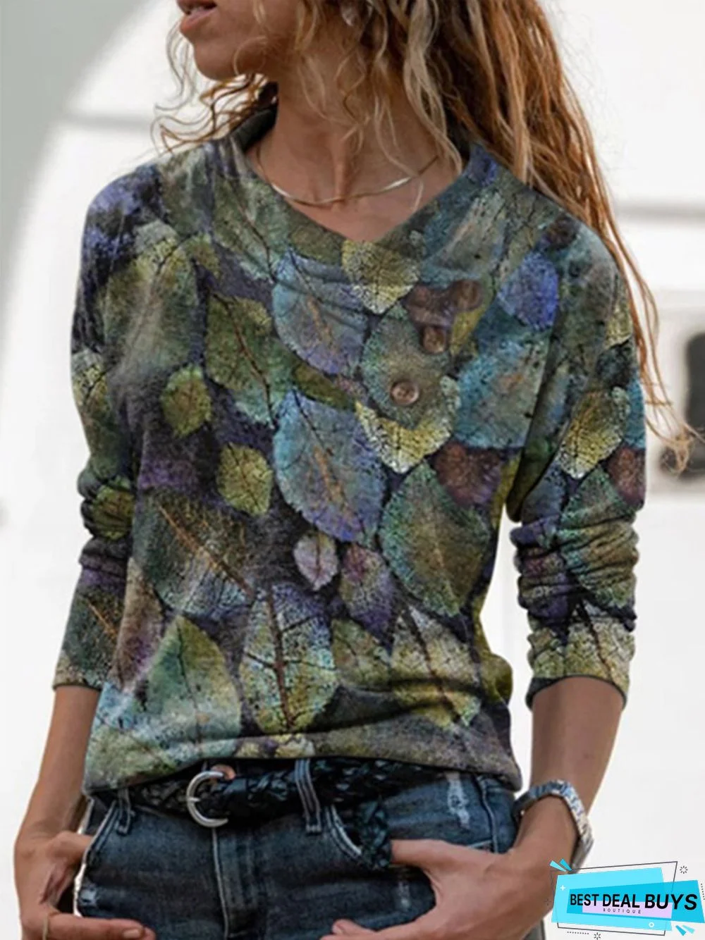 Casual Long Sleeve V Neck Printed Top