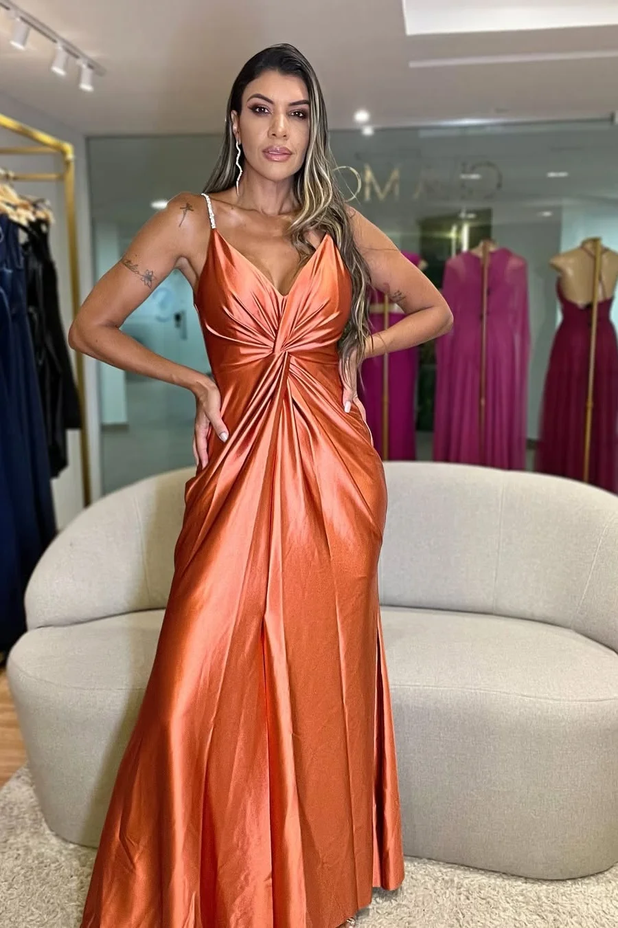 Daisda Sleeveless Spaghetti Straps Deep V-Neck Pleated Prom Dress 