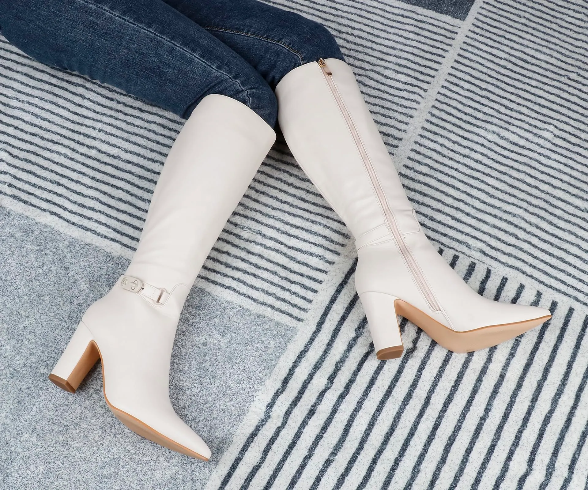 85mm/3.35 inch Women's matte high heel pointed toe buckle style casual zipper knee high boots-vocosishoes